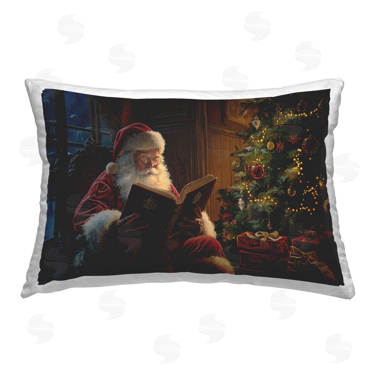 Imagine It Images Santa Reading by Tree Printed Plush Polyester Throw Pillow