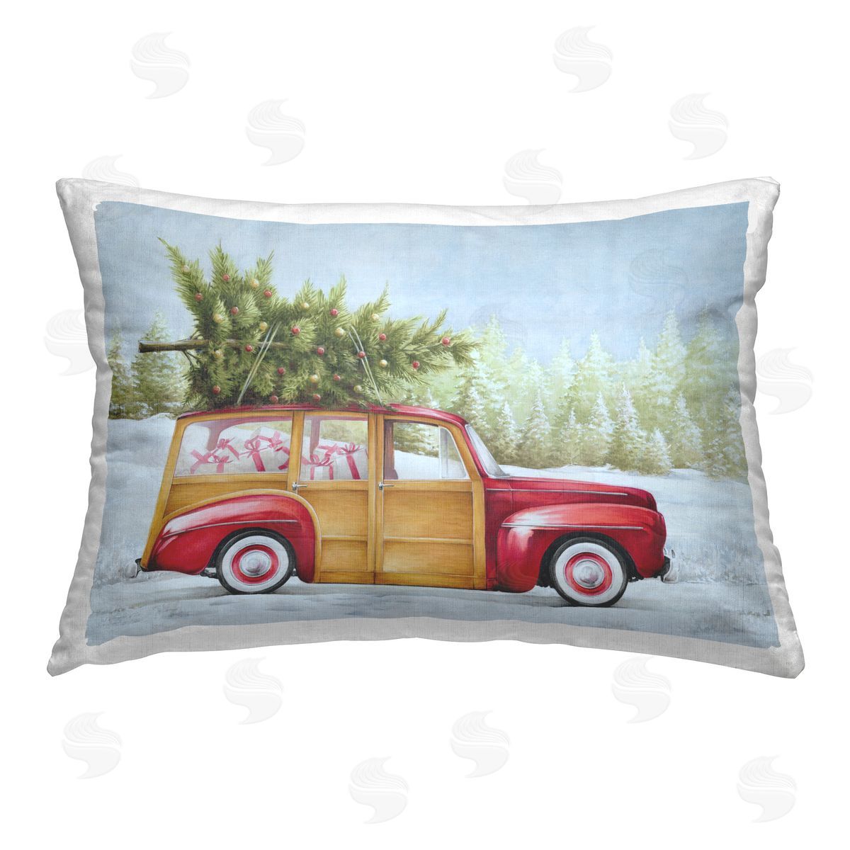 White Ladder Holiday Gift Filled Car Printed Plush Polyester Throw Pillow