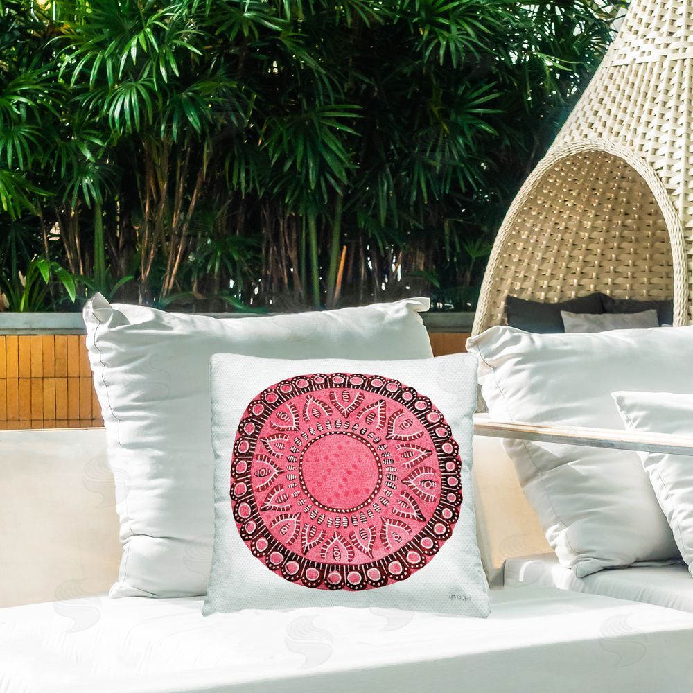 Yvette St. Amant Pink Mandala Pattern Outdoor Quick-Dry Polyester Printed Throw Pillow in Back Yard