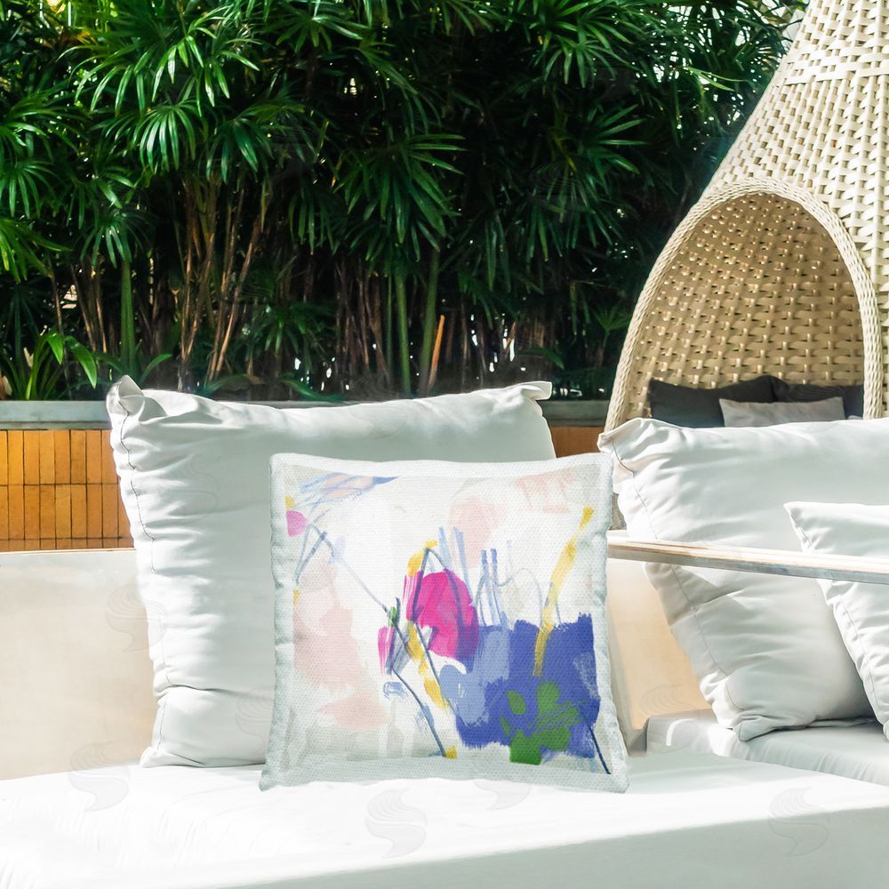 June Erica Vess Blue & Pink Abstract Scribble Outdoor Quick-Dry Polyester Printed Throw Pillow in Back Yard