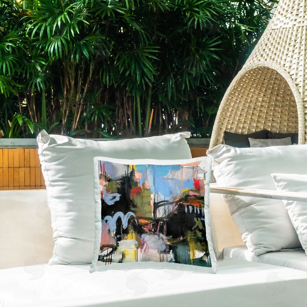 Deanna Schuerbeke Chaotic Industrial Abstract Outdoor Quick-Dry Polyester Printed Throw Pillow in Back Yard