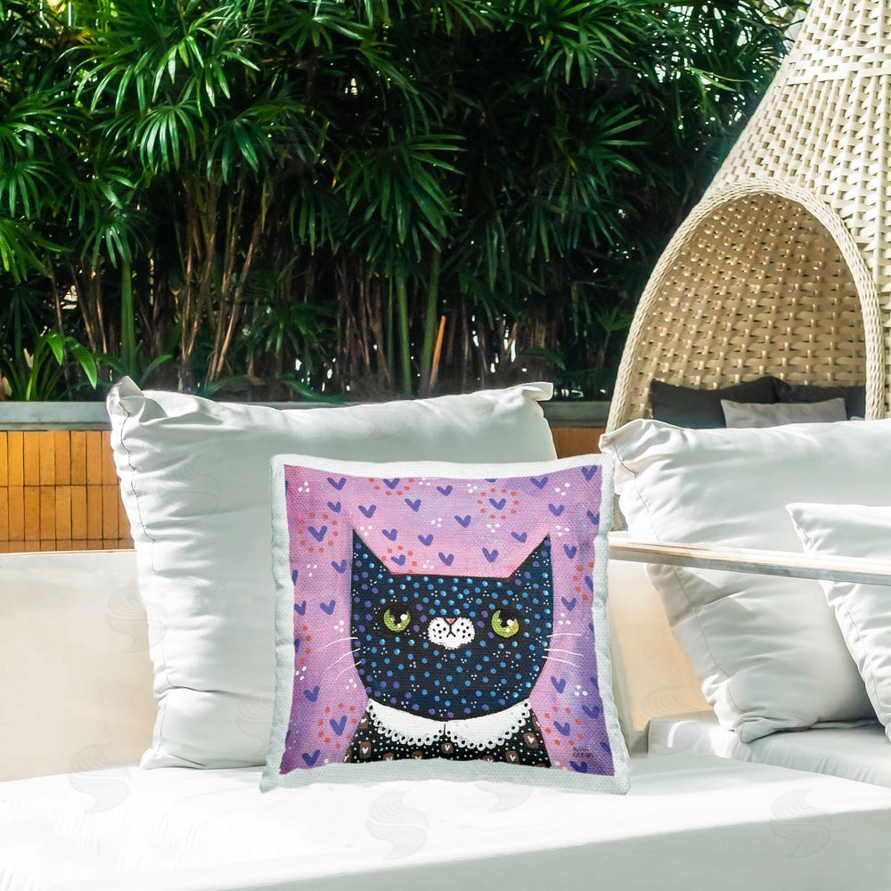 Melissa Averinos Whimsical Patterned Cat Outdoor Quick-Dry Polyester Printed Throw Pillow in Back Yard