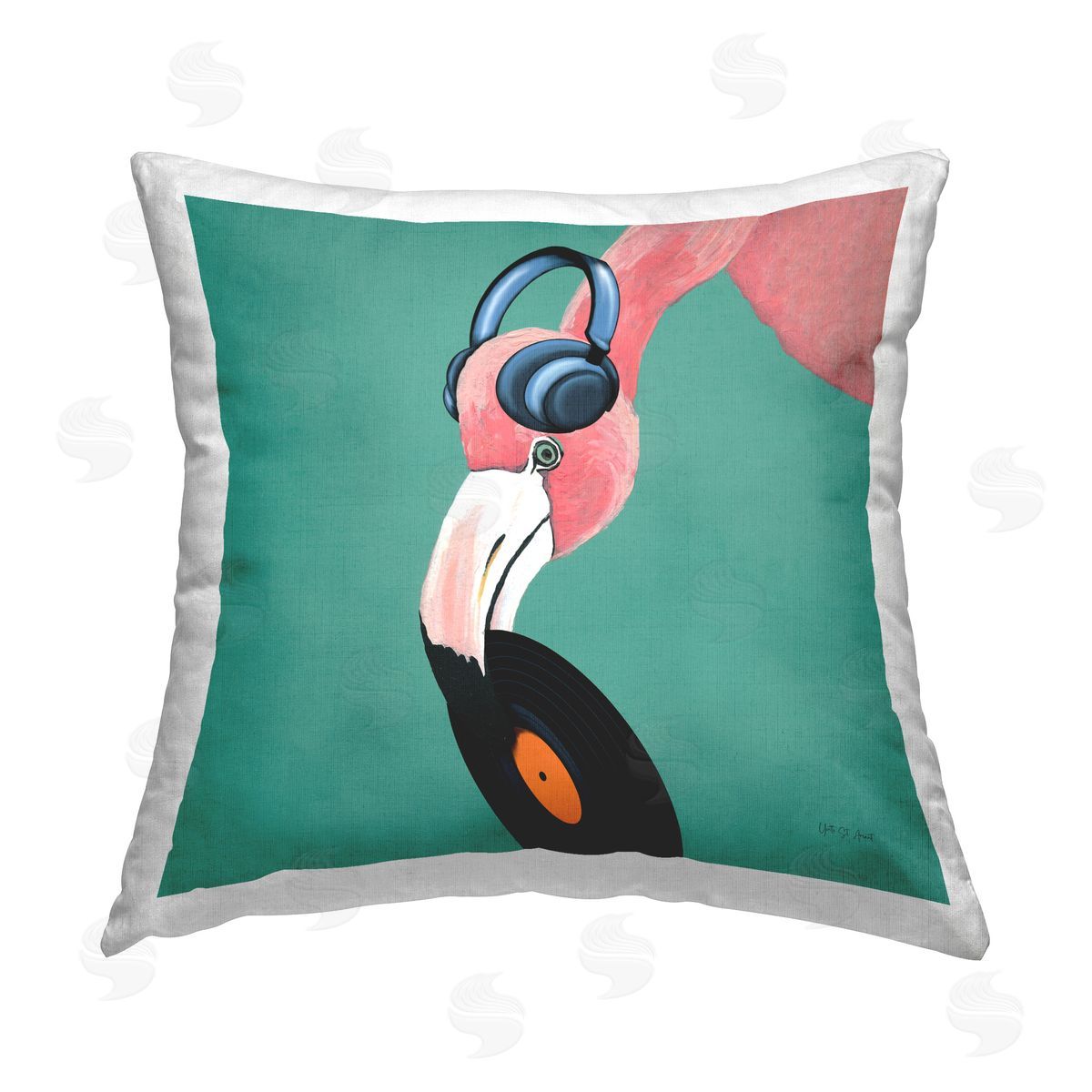 Yvette St. Amant Flamingo with Music Record Printed Plush Polyester Throw Pillow