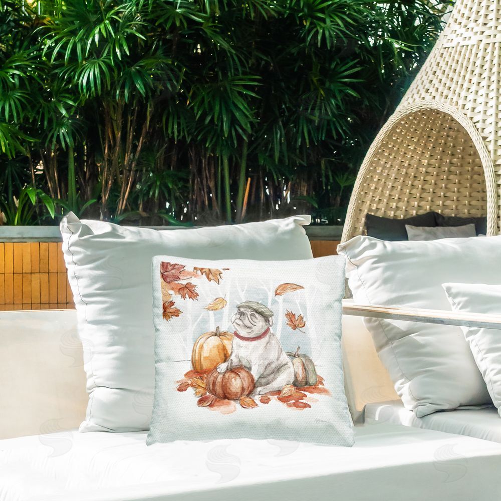 Mary Urban Autumnal Bulldog Scene Outdoor Quick-Dry Polyester Printed Throw Pillow in Back Yard