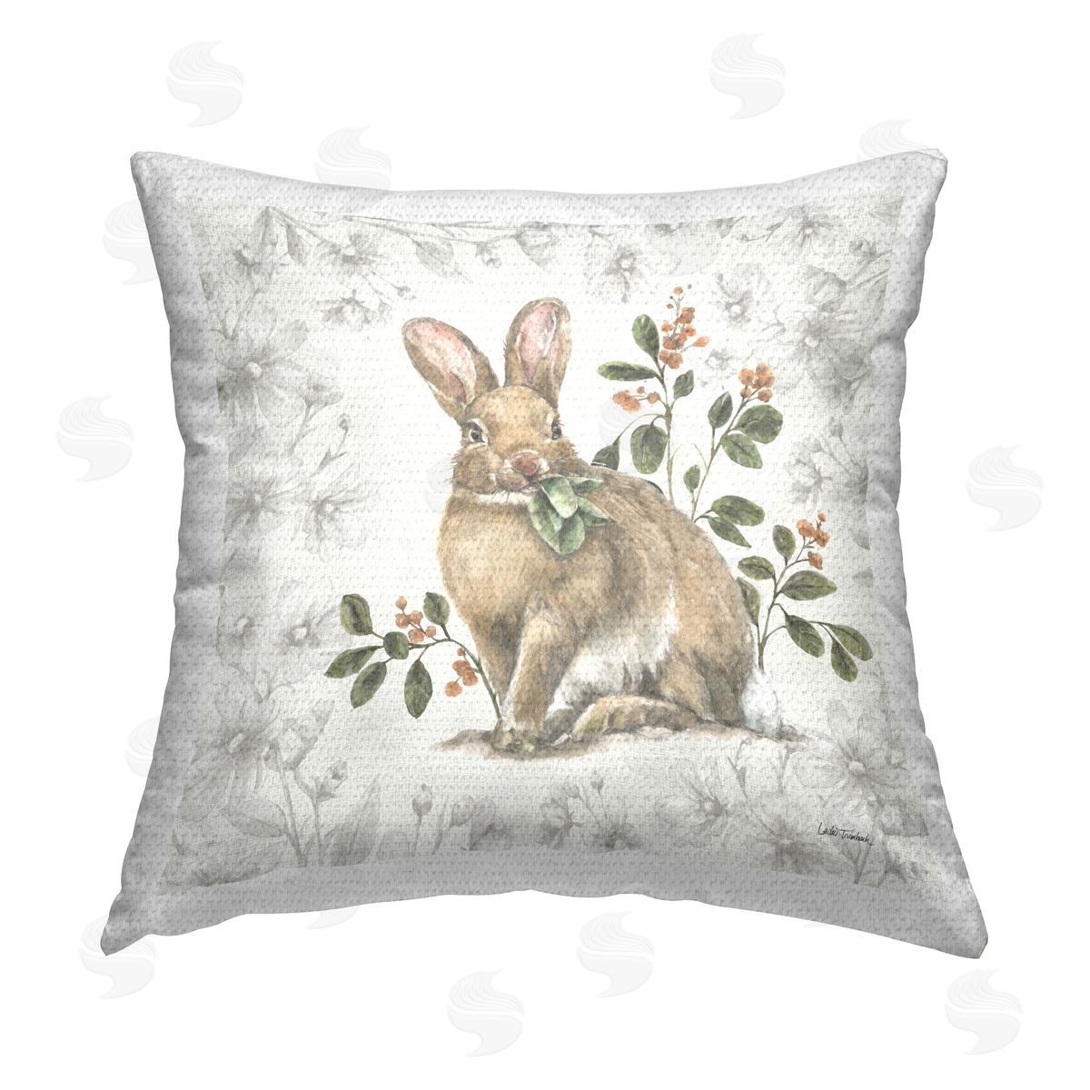 Leslie Trimbach Floral Garden Bunny Outdoor Quick-Dry Polyester Printed Throw Pillow