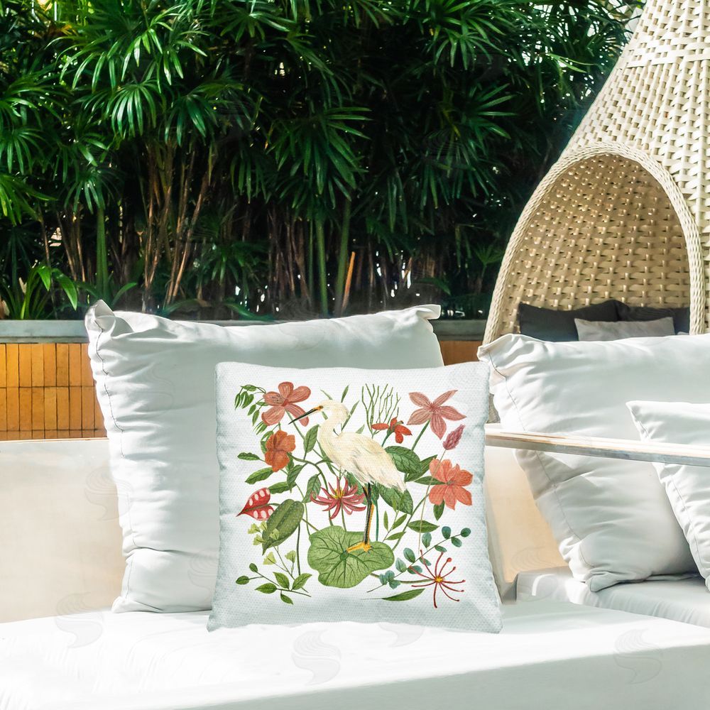 Melissa Wang Heron with Wild Florals Outdoor Quick-Dry Polyester Printed Throw Pillow in Back Yard
