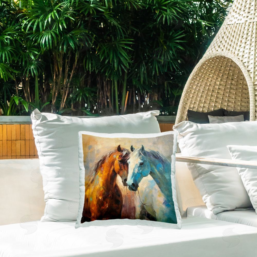Irena Orlov Painterly Horse Pair Outdoor Quick-Dry Polyester Printed Throw Pillow in Back Yard