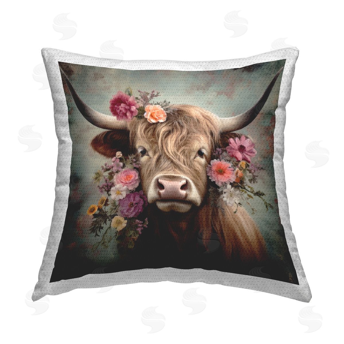 Irena Orlov Cattle with Gerbera Daisies Outdoor Quick-Dry Polyester Printed Throw Pillow
