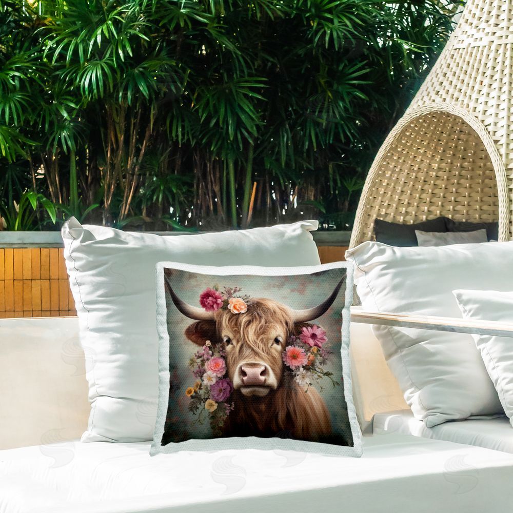 Irena Orlov Cattle with Gerbera Daisies Outdoor Quick-Dry Polyester Printed Throw Pillow in Back Yard