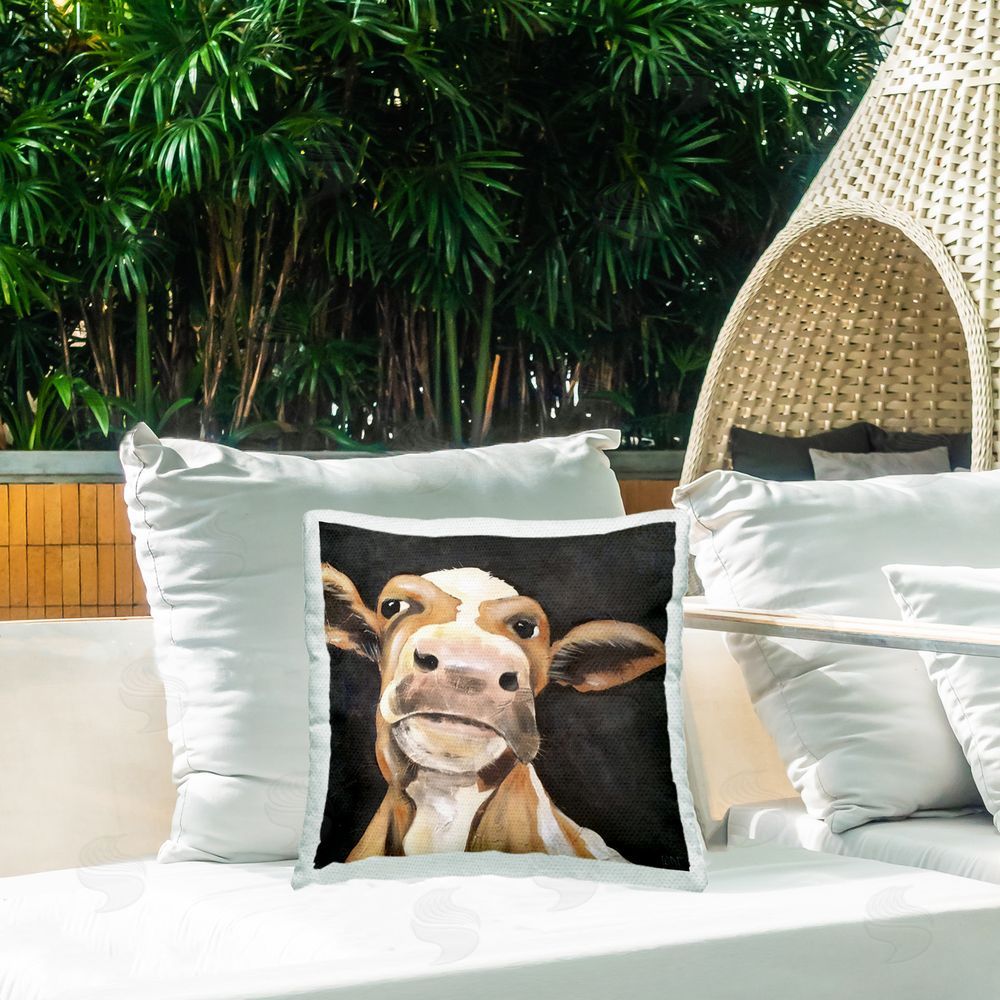 Jade Reynolds Country Cow on Black Outdoor Quick-Dry Polyester Printed Throw Pillow in Back Yard