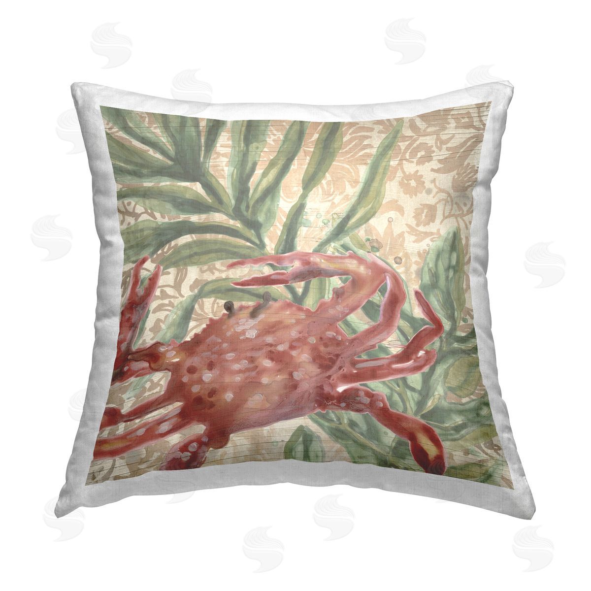 June Erica Vess Crab on Floral Pattern Printed Plush Polyester Throw Pillow