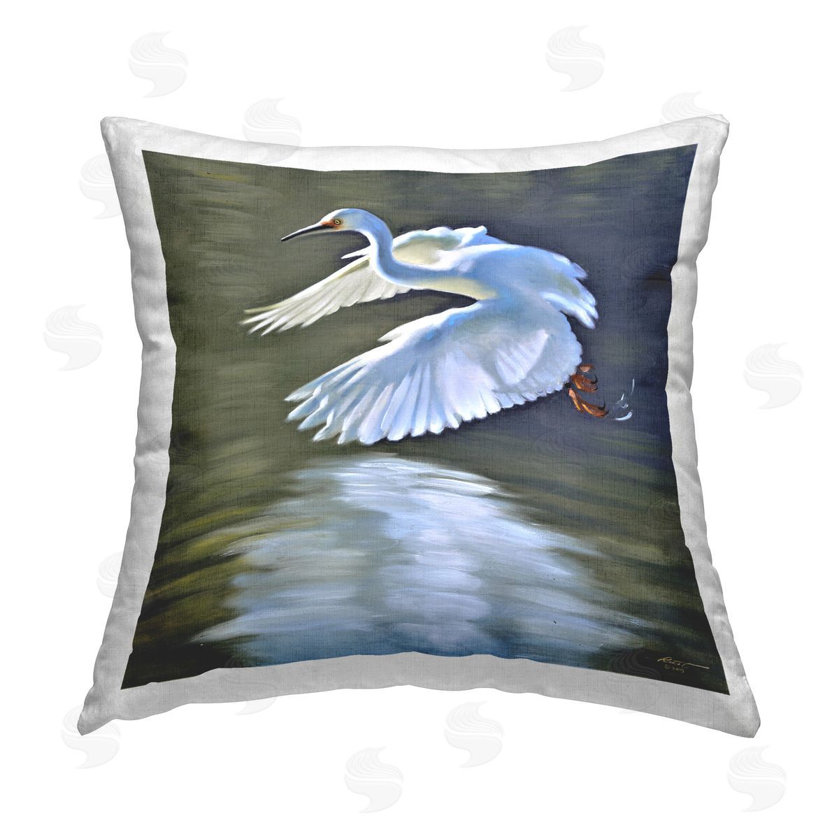 D. Rust Egret Flying Lake Surface Printed Plush Polyester Throw Pillow