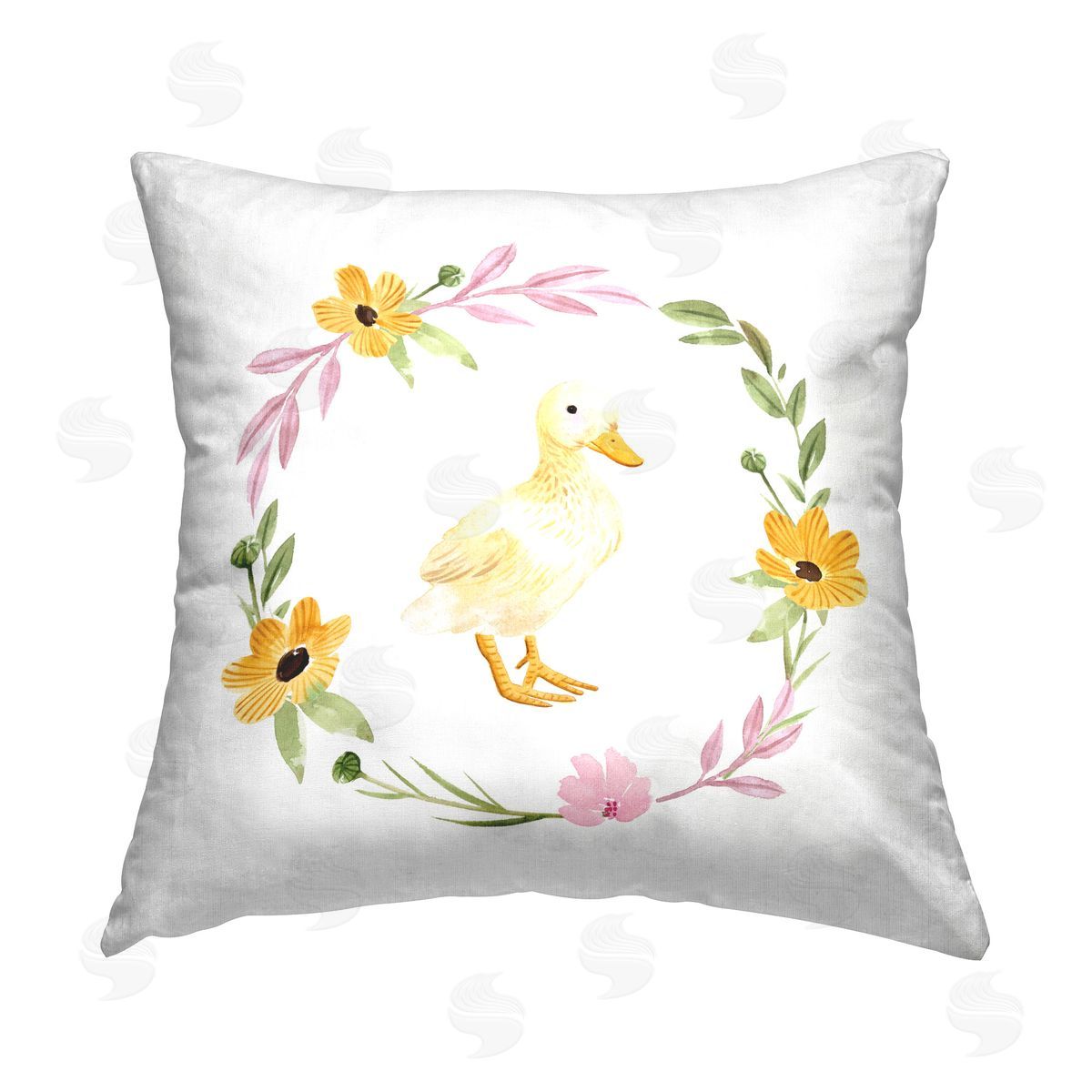 Enya Todd Duckling with Daisy Wreath Printed Plush Polyester Throw Pillow