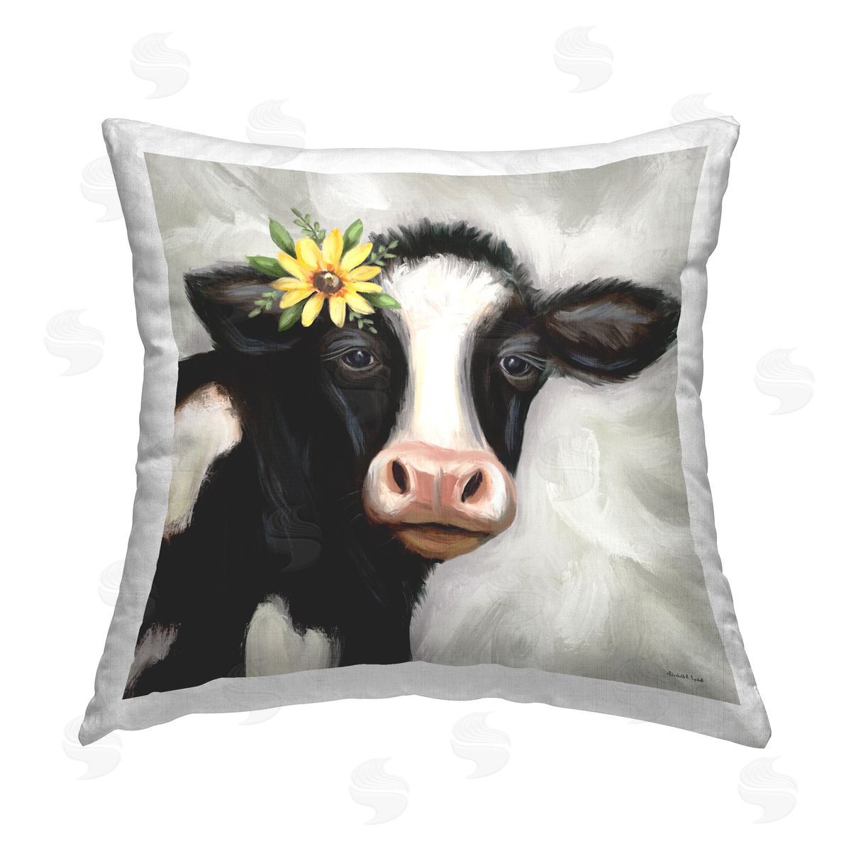 Elizabeth Tyndall Cow with Yellow Daisy Printed Plush Polyester Throw Pillow