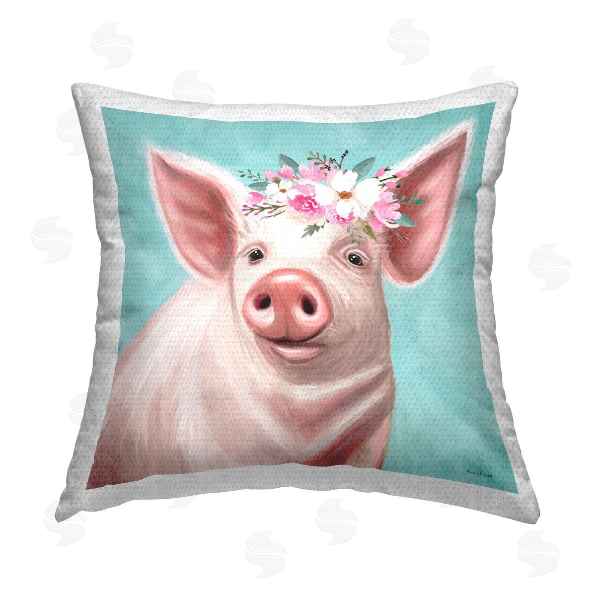 Elizabeth Tyndall Pastel Floral Piglet Outdoor Quick-Dry Polyester Printed Throw Pillow