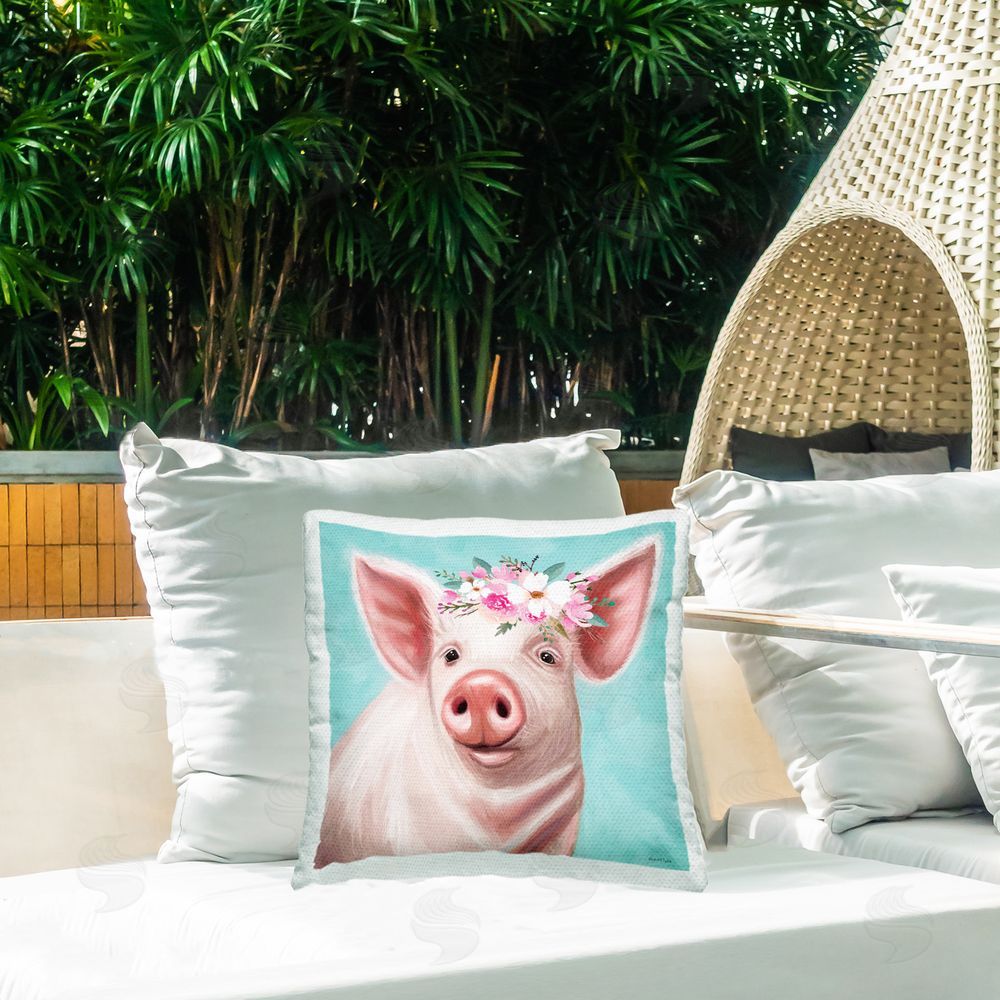 Elizabeth Tyndall Pastel Floral Piglet Outdoor Quick-Dry Polyester Printed Throw Pillow in Back Yard
