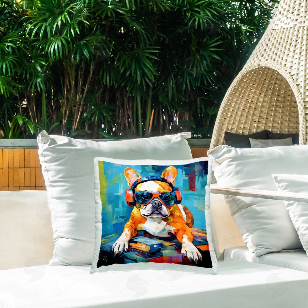 Ivan Guaderrama French Bulldog with Headphones Outdoor Quick-Dry Polyester Printed Throw Pillow in Back Yard