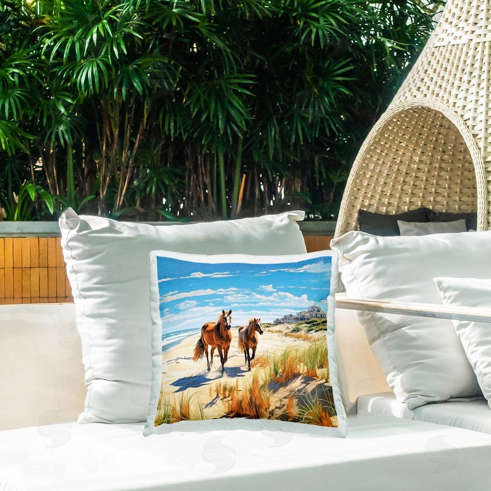 Jim Baldwin Galloping Beach Horses Outdoor Quick-Dry Polyester Printed Throw Pillow in Back Yard