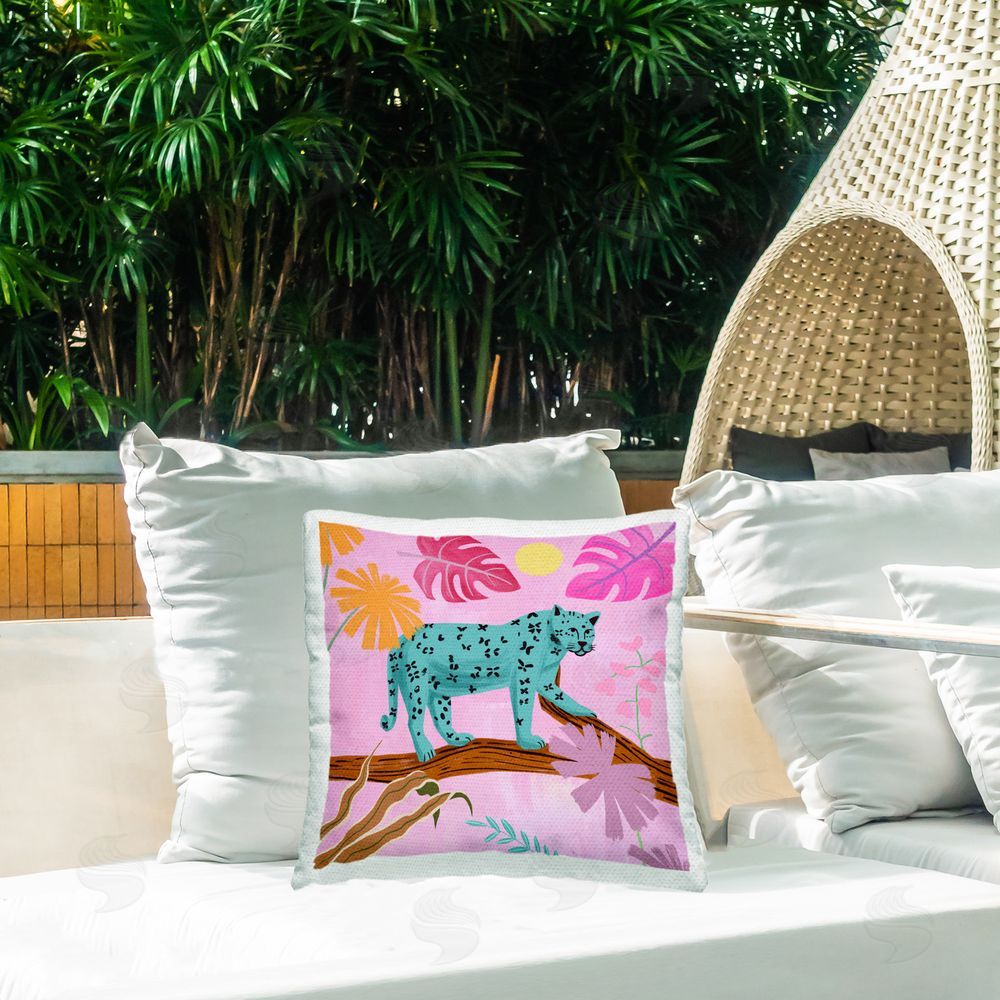 Juliet Rose Philips Patterned Leopard on Branch Outdoor Quick-Dry Polyester Printed Throw Pillow in Back Yard