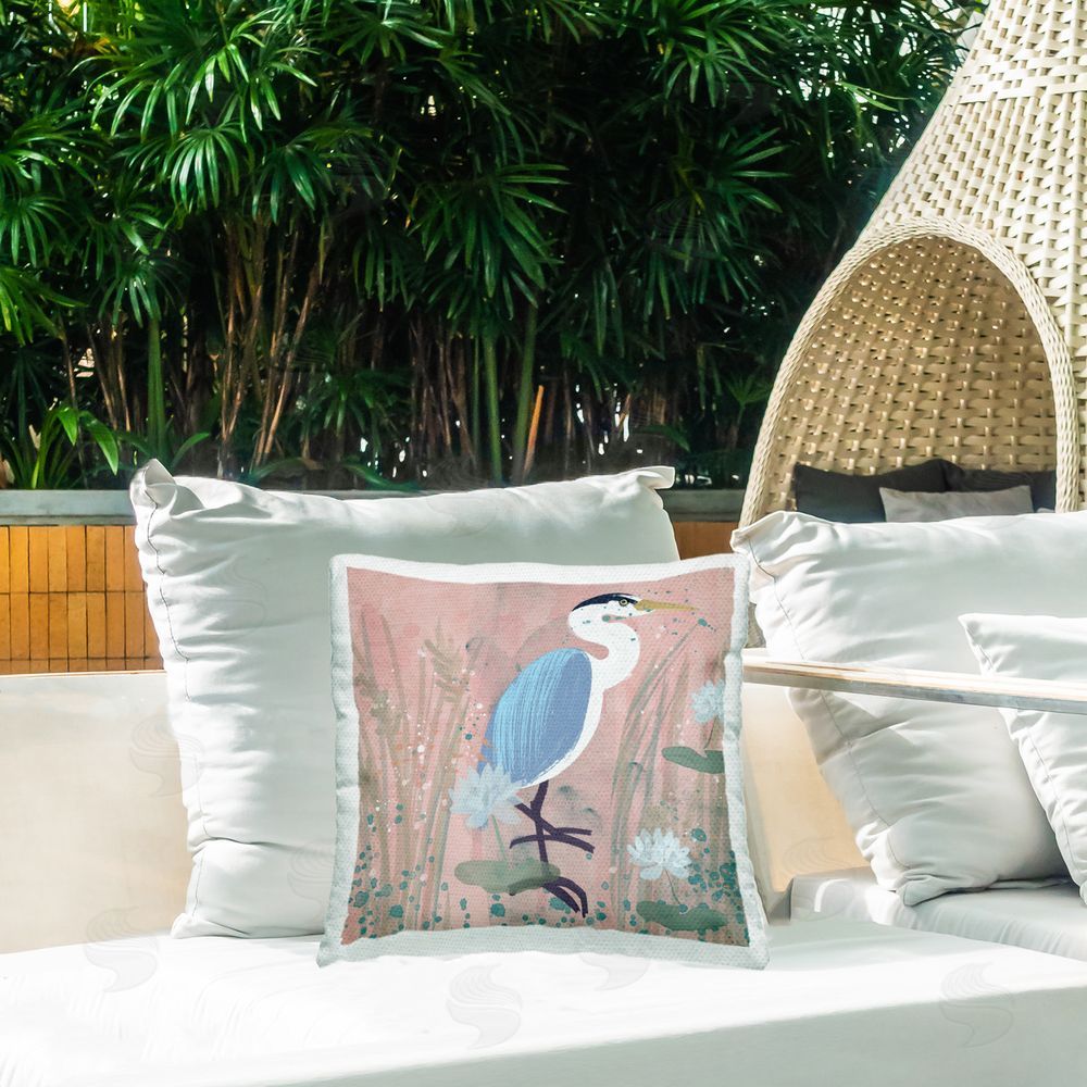 Juliet Rose Philips Coastal Bird with Lotus Flowers Outdoor Quick-Dry Polyester Printed Throw Pillow in Back Yard