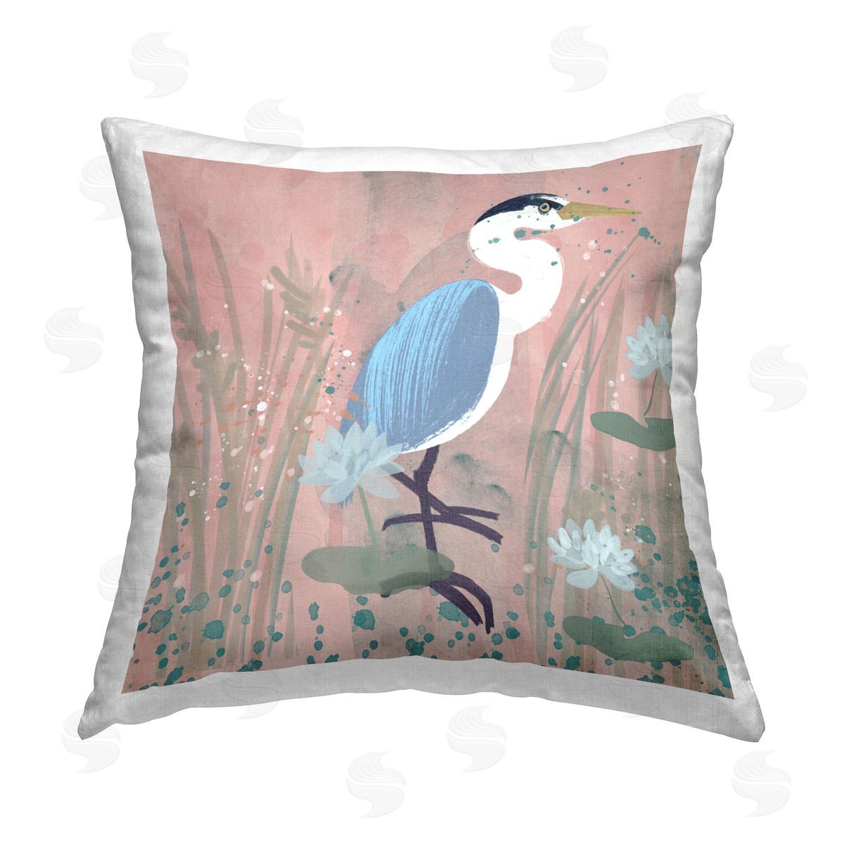 Juliet Rose Philips Coastal Bird with Lotus Flowers Printed Plush Polyester Throw Pillow
