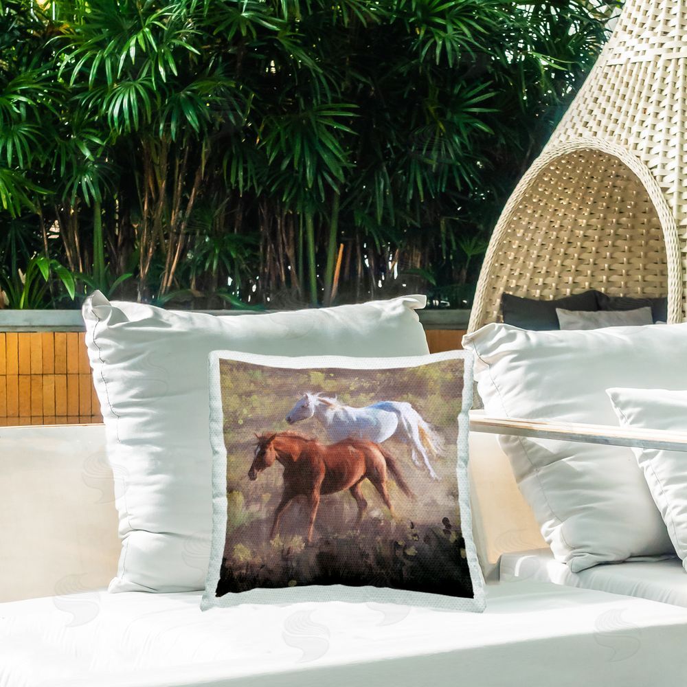 Nina Blue Brown & White Wild Horses Outdoor Quick-Dry Polyester Printed Throw Pillow in Back Yard