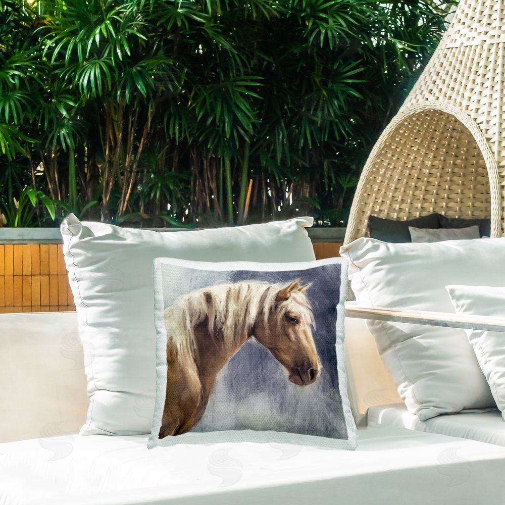 Nina Blue Golden Boy Horse Outdoor Quick-Dry Polyester Printed Throw Pillow in Back Yard