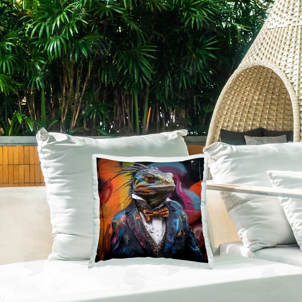 Lazar Studio Urban Graffiti Iguana Outdoor Quick-Dry Polyester Printed Throw Pillow in Back Yard