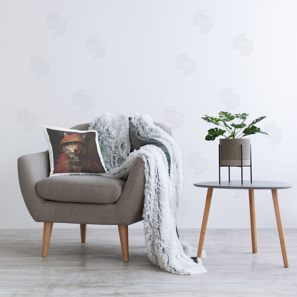 Lazar Studio Wolf with Red Cloak Printed Plush Polyester Throw Pillow On Chair