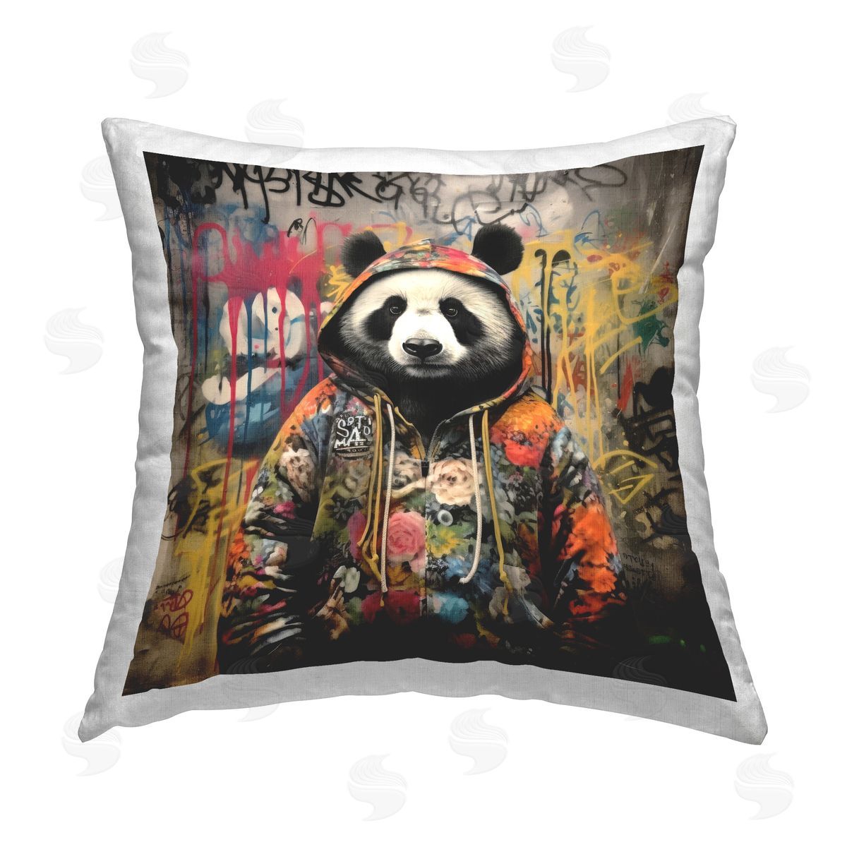 Lazar Studio Urban Graffiti Panda Printed Plush Polyester Throw Pillow