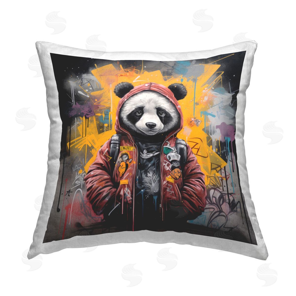 Lazar Studio Urban Graffiti Panda Bear Printed Plush Polyester Throw Pillow