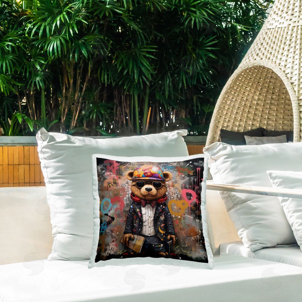 Lazar Studio Urban Graffiti Bear Outdoor Quick-Dry Polyester Printed Throw Pillow in Back Yard