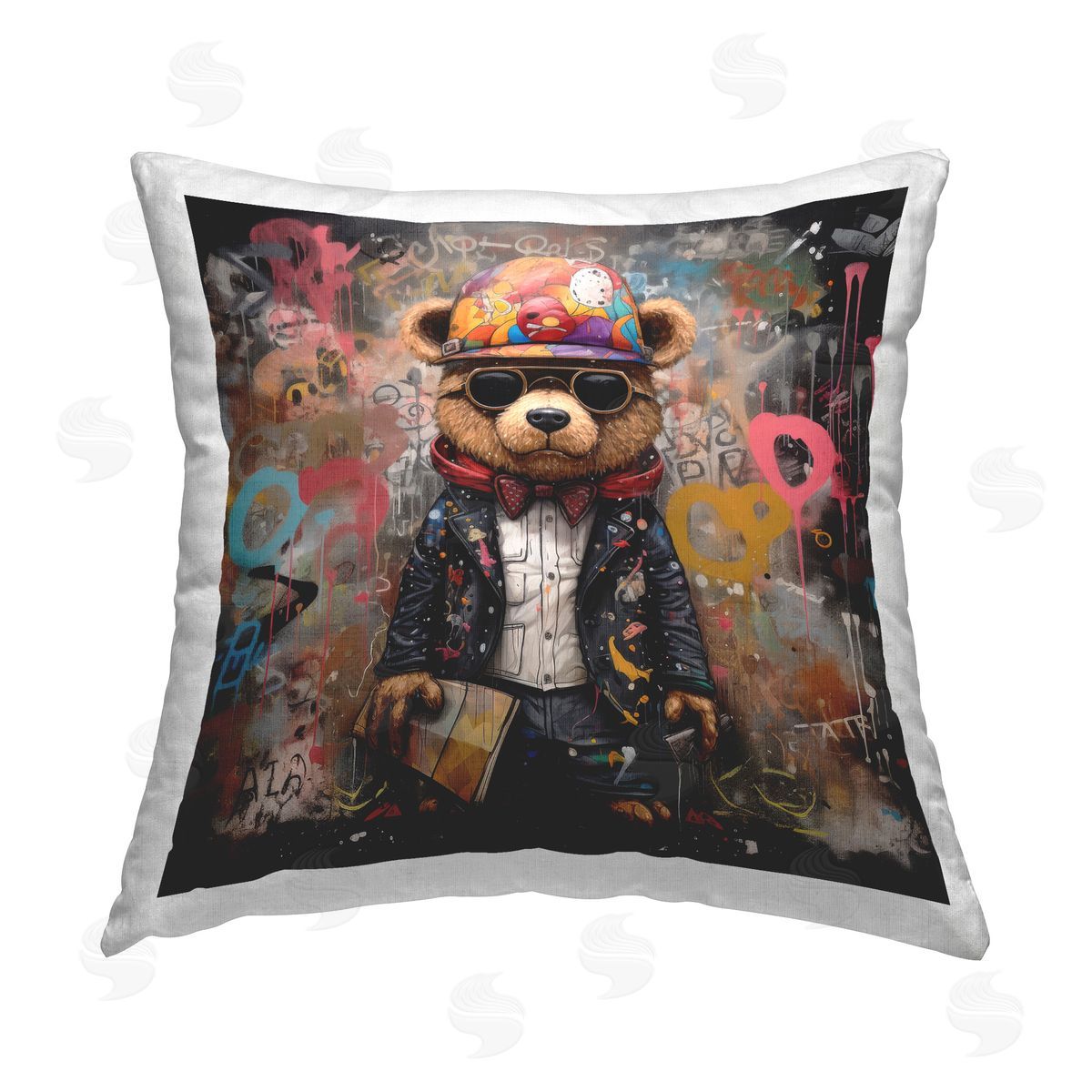 Lazar Studio Urban Graffiti Bear Printed Plush Polyester Throw Pillow