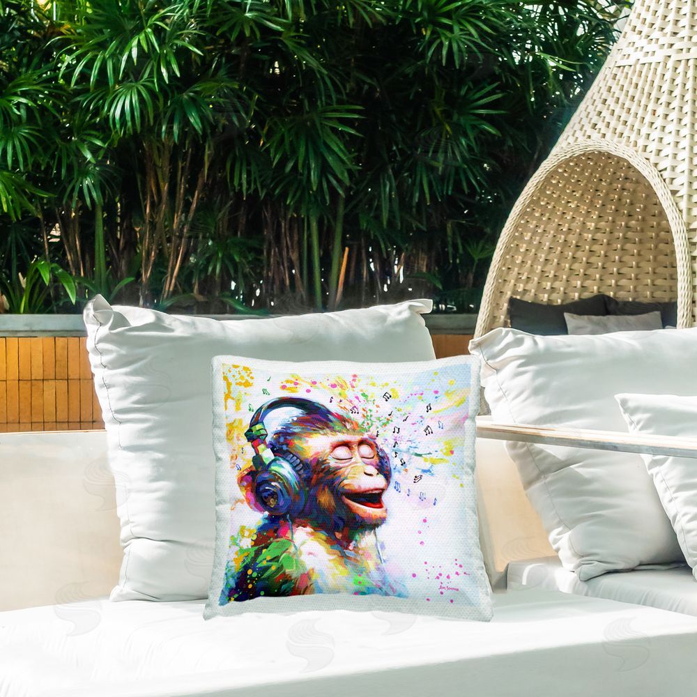 Leon Devenice Blissful Beats Monkey Outdoor Quick-Dry Polyester Printed Throw Pillow in Back Yard