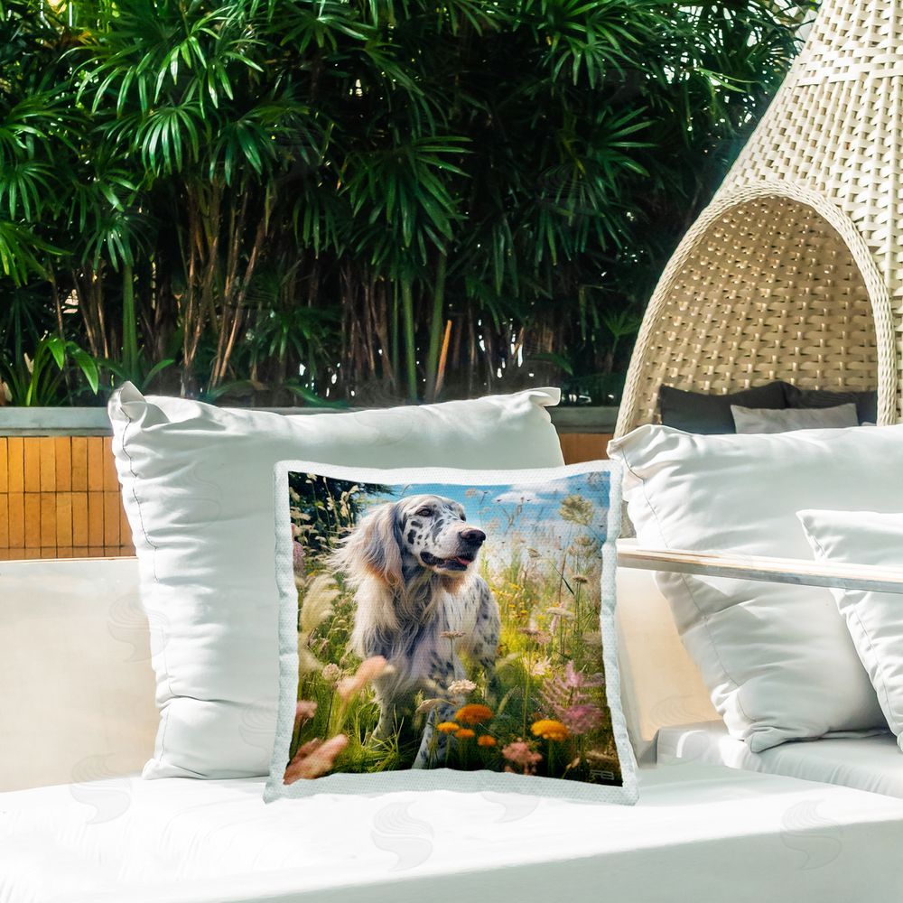 Roozbeh Bahramali Happy Dog Among Flowers Outdoor Quick-Dry Polyester Printed Throw Pillow in Back Yard