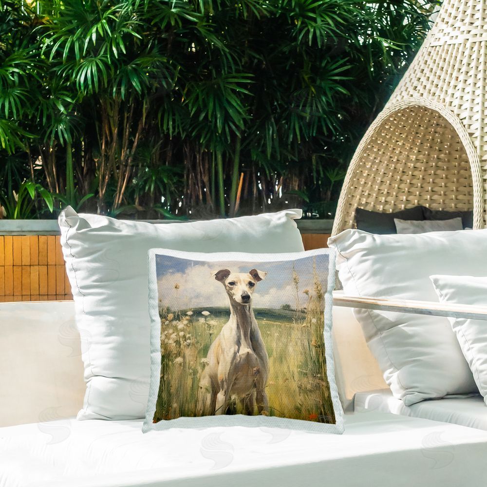 Roozbeh Bahramali Greyhound Dog Landscape Outdoor Quick-Dry Polyester Printed Throw Pillow in Back Yard