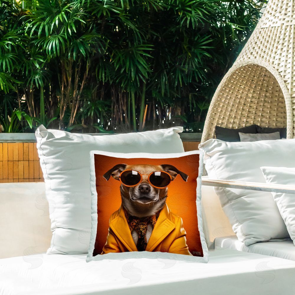 Roozbeh Bahramali Trendy Dog Yellow Suit Outdoor Quick-Dry Polyester Printed Throw Pillow in Back Yard