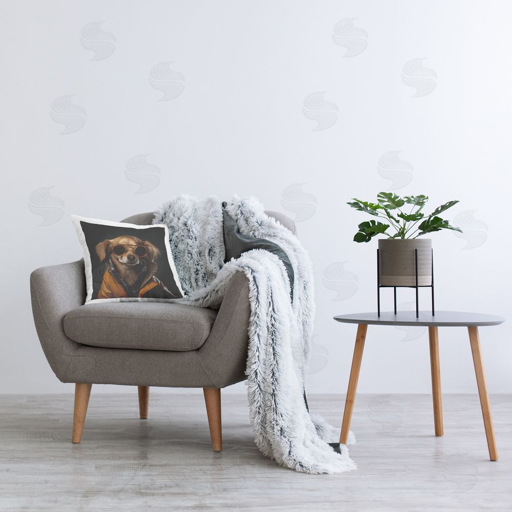 Roozbeh Bahramali Stylish Dog on Black Printed Plush Polyester Throw Pillow On Chair