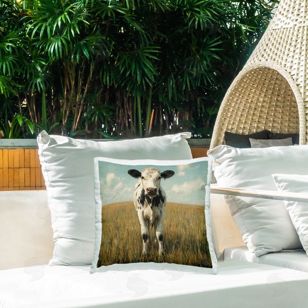 Roozbeh Bahramali Cow in Verdant Field Outdoor Quick-Dry Polyester Printed Throw Pillow in Back Yard