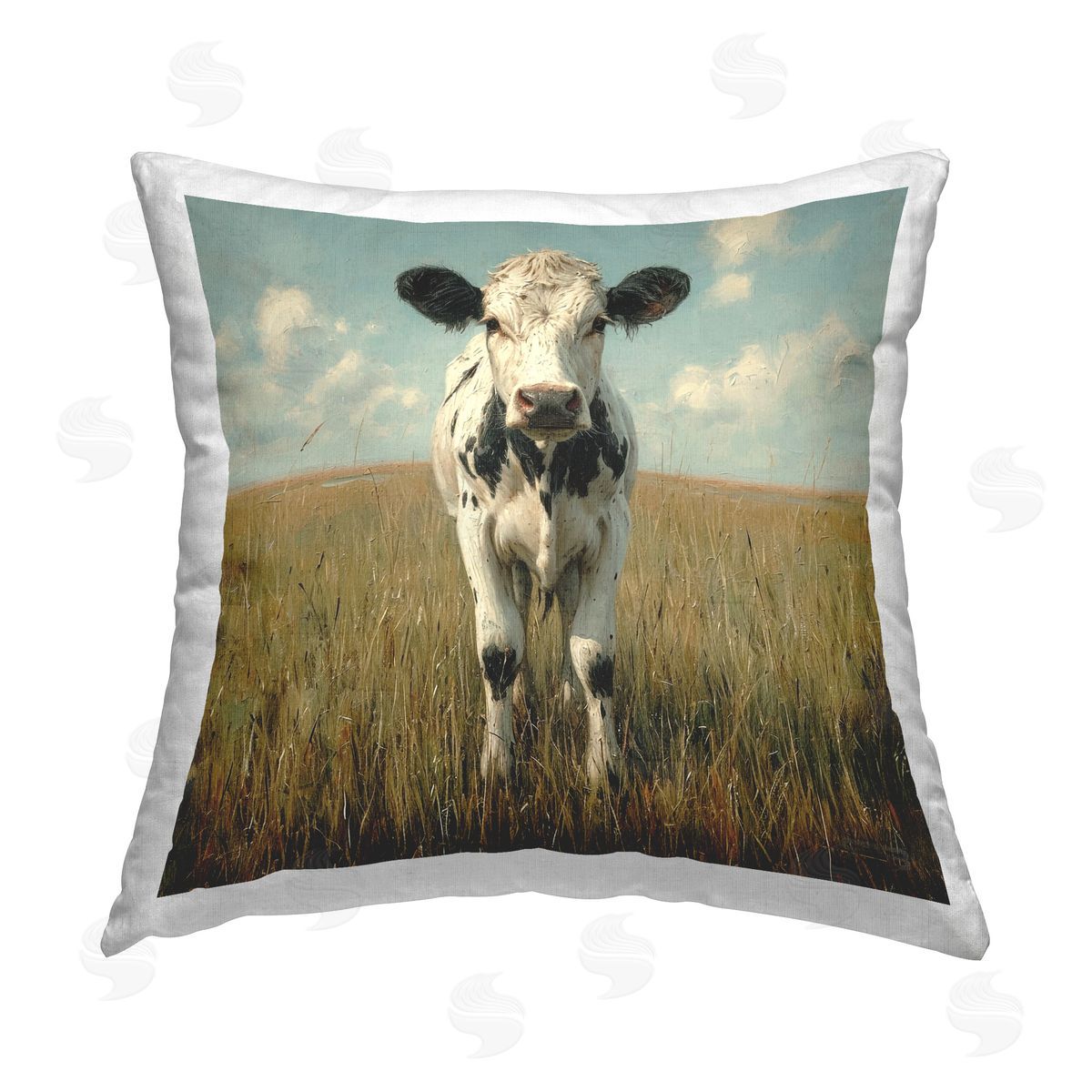 Roozbeh Bahramali Cow in Verdant Field Printed Plush Polyester Throw Pillow