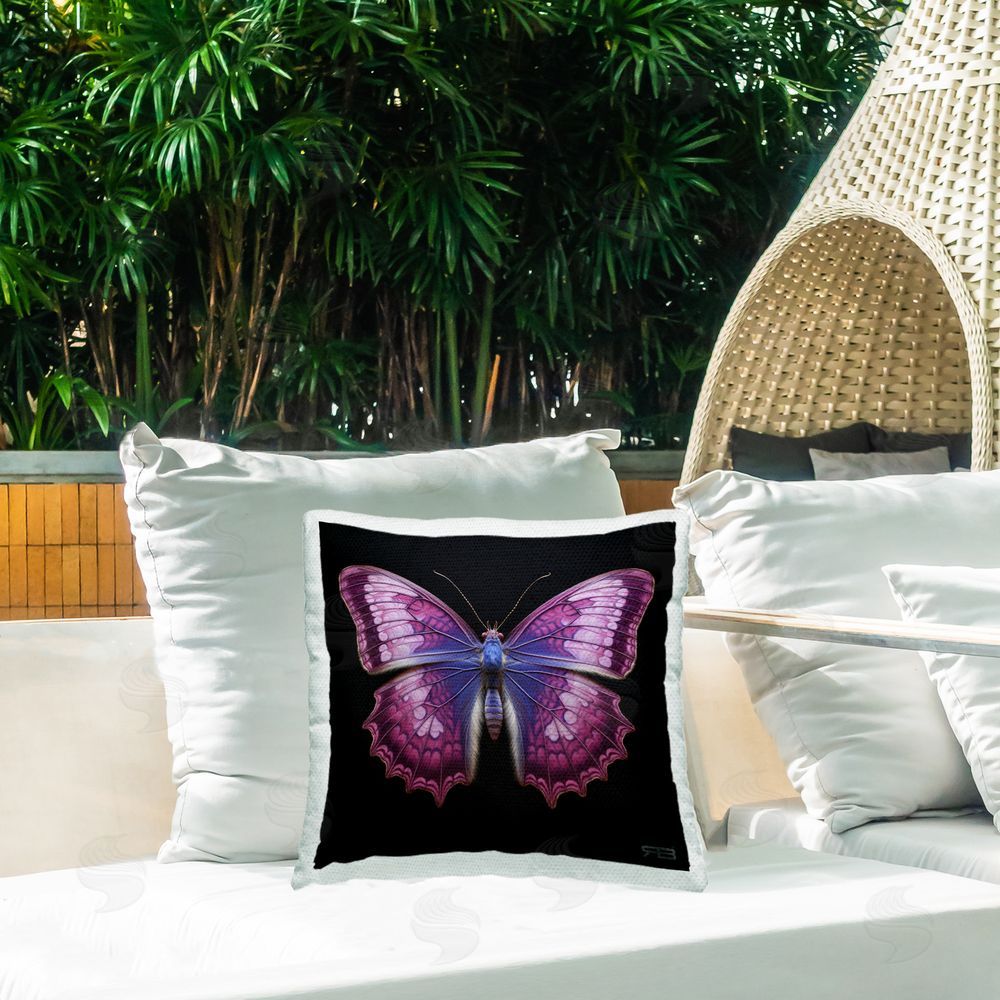 Roozbeh Bahramali Vivid Purple Butterfly Outdoor Quick-Dry Polyester Printed Throw Pillow in Back Yard