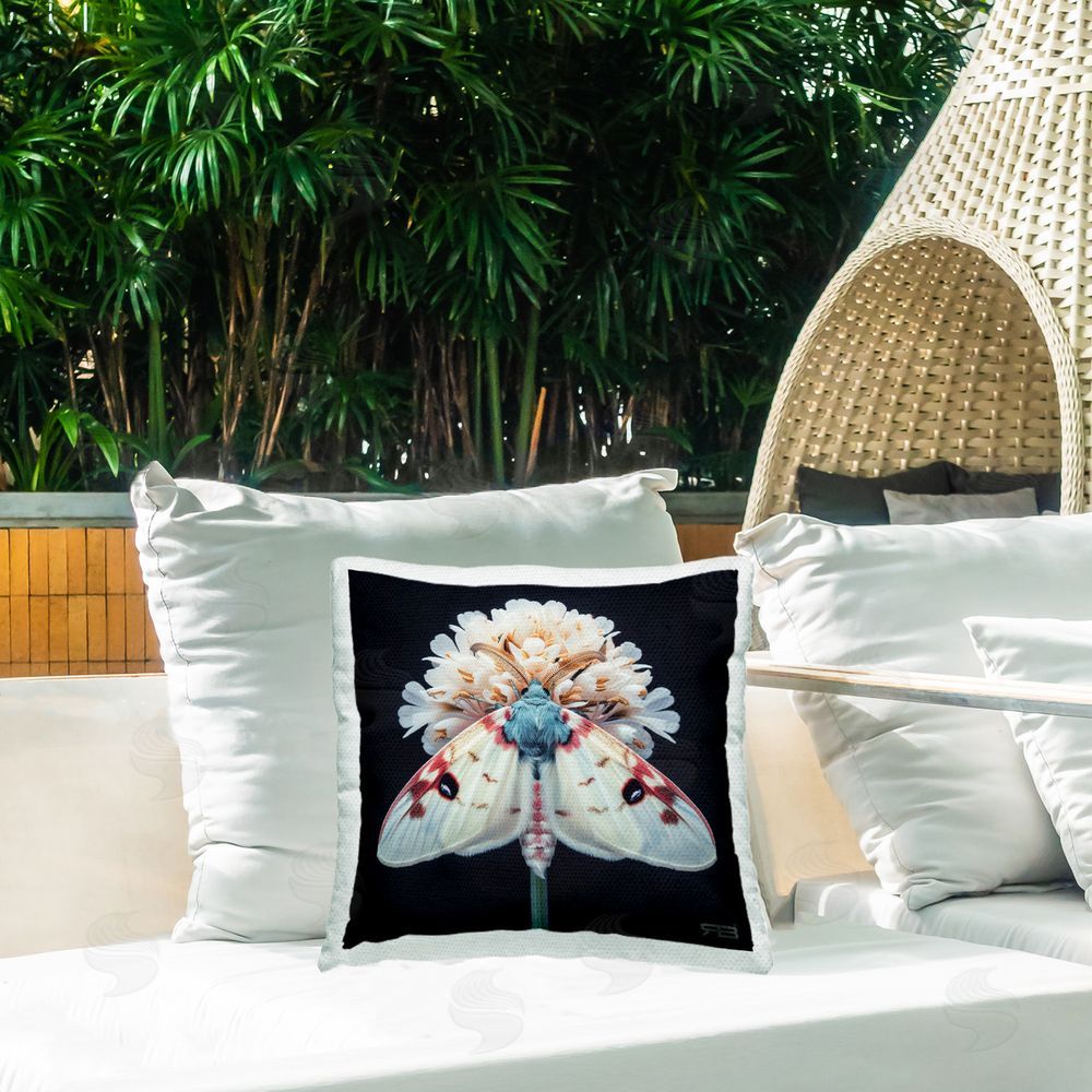 Roozbeh Bahramali Moth & White Flowers Outdoor Quick-Dry Polyester Printed Throw Pillow in Back Yard