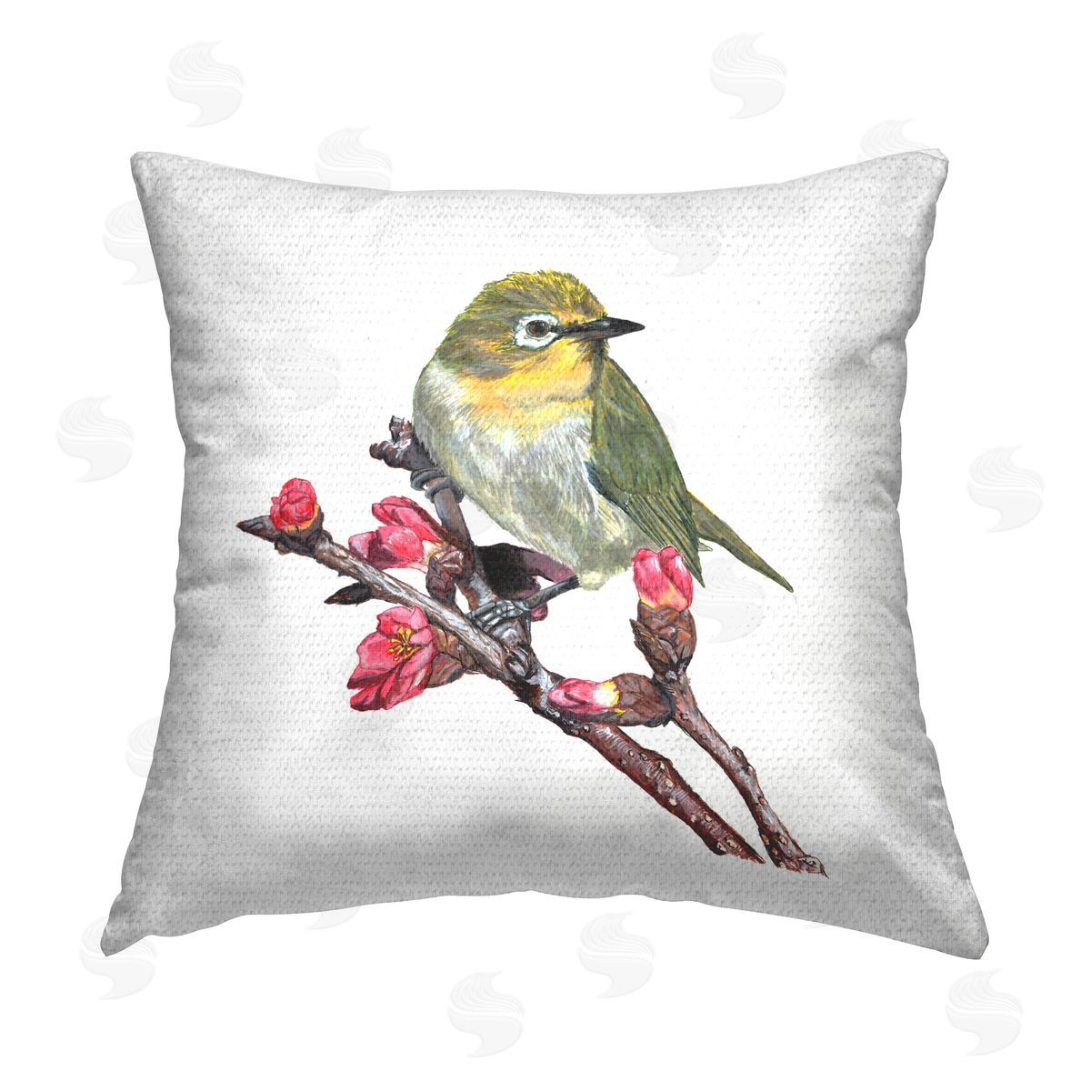 Connie Resch Bird on Floral Branch Outdoor Quick-Dry Polyester Printed Throw Pillow