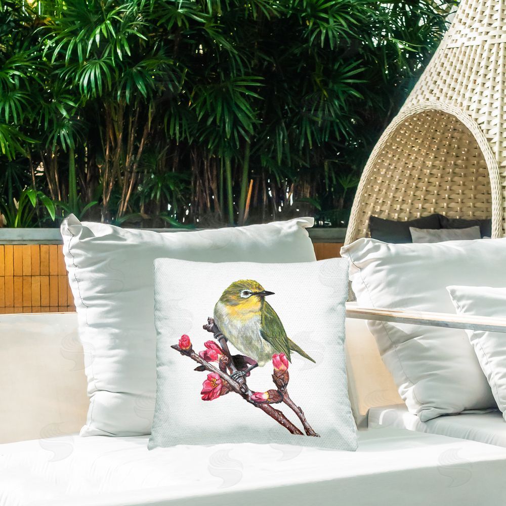 Connie Resch Bird on Floral Branch Outdoor Quick-Dry Polyester Printed Throw Pillow in Back Yard