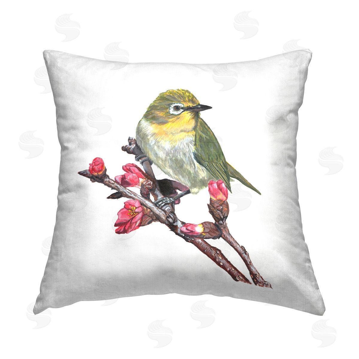 Connie Resch Bird on Floral Branch Printed Plush Polyester Throw Pillow