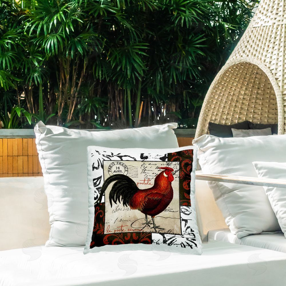 Sasha Rooster & Vintage Post Outdoor Quick-Dry Polyester Printed Throw Pillow in Back Yard