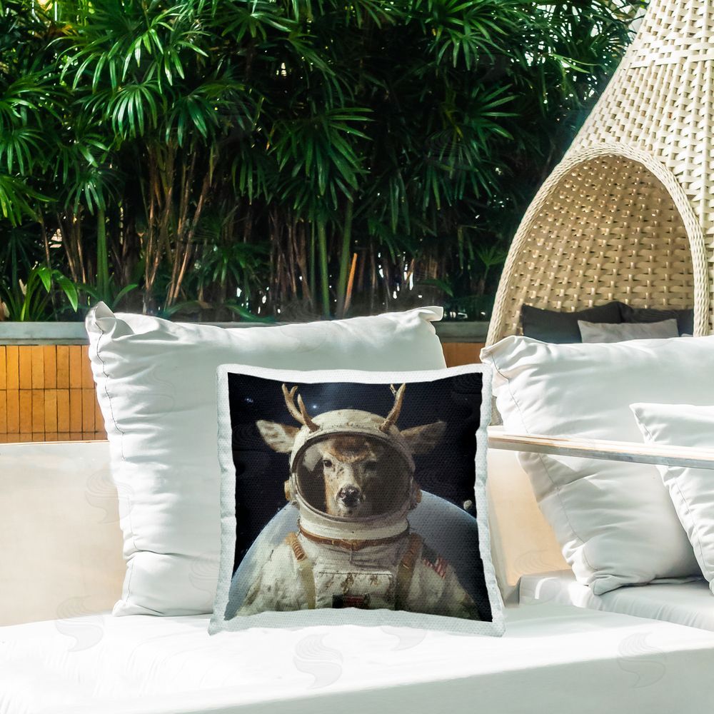 Sean Parnell Space Astronaut Deer Outdoor Quick-Dry Polyester Printed Throw Pillow in Back Yard