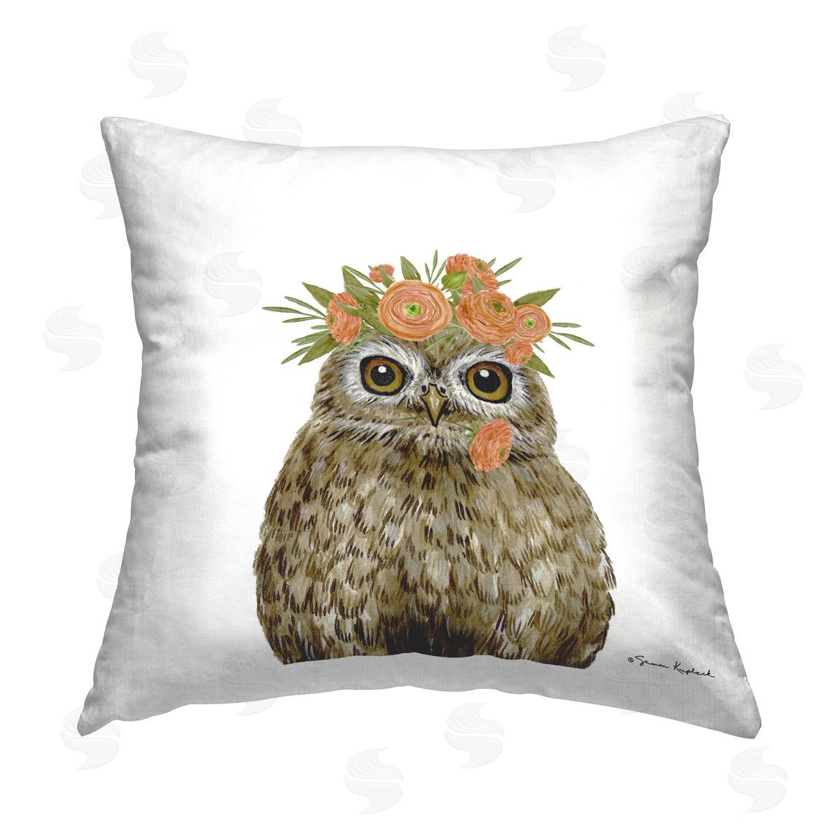 Sharon Kuplack Owl & Ranunculus Crown Printed Plush Polyester Throw Pillow