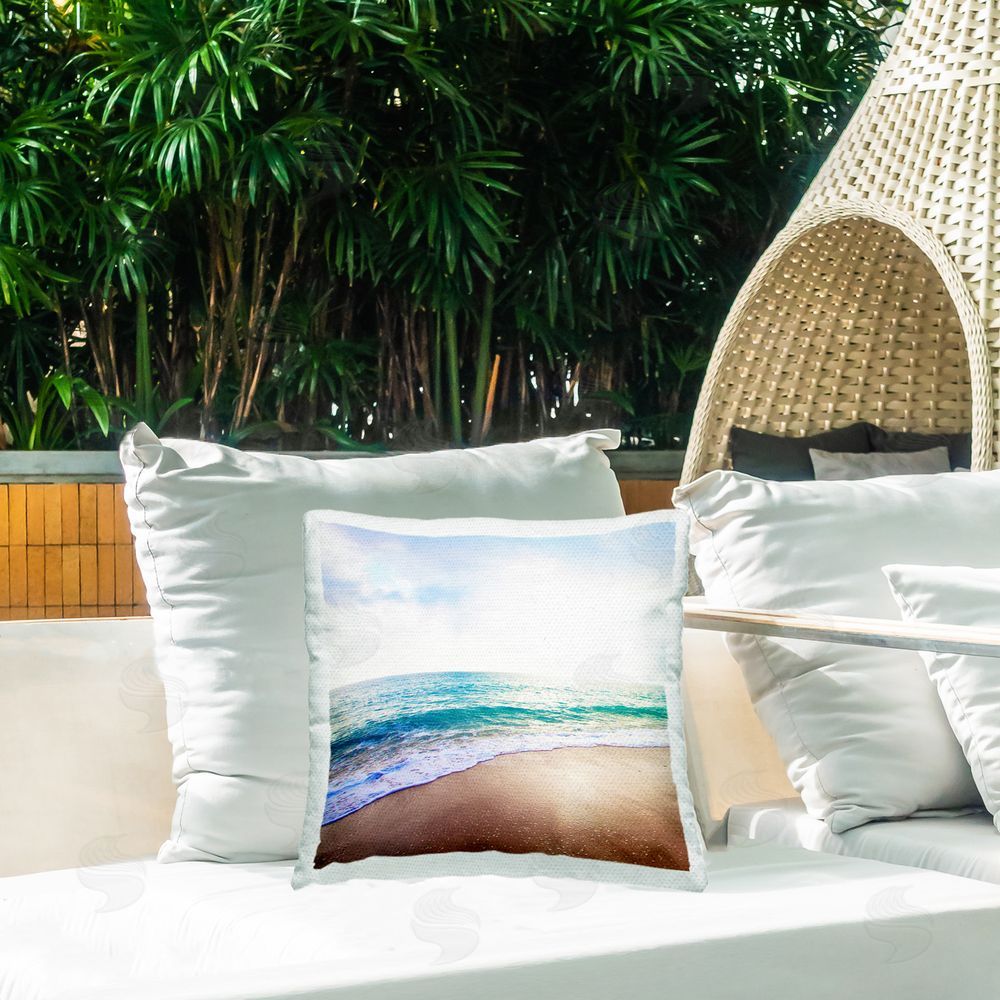 Susan Bryant Sun Shining over Beach Outdoor Quick-Dry Polyester Printed Throw Pillow in Back Yard