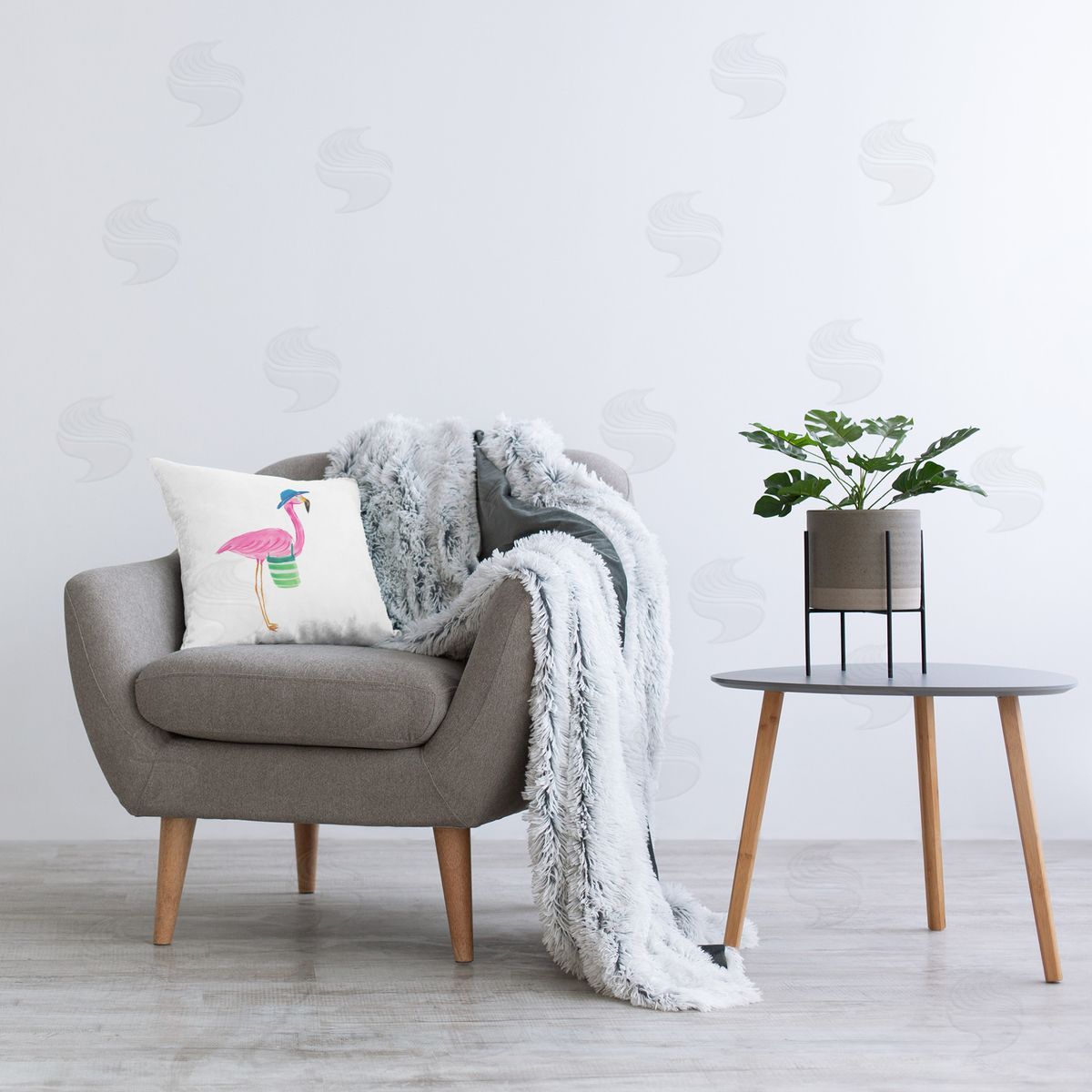 Julie DeRice Flamingo with Beach Bag Printed Plush Polyester Throw Pillow